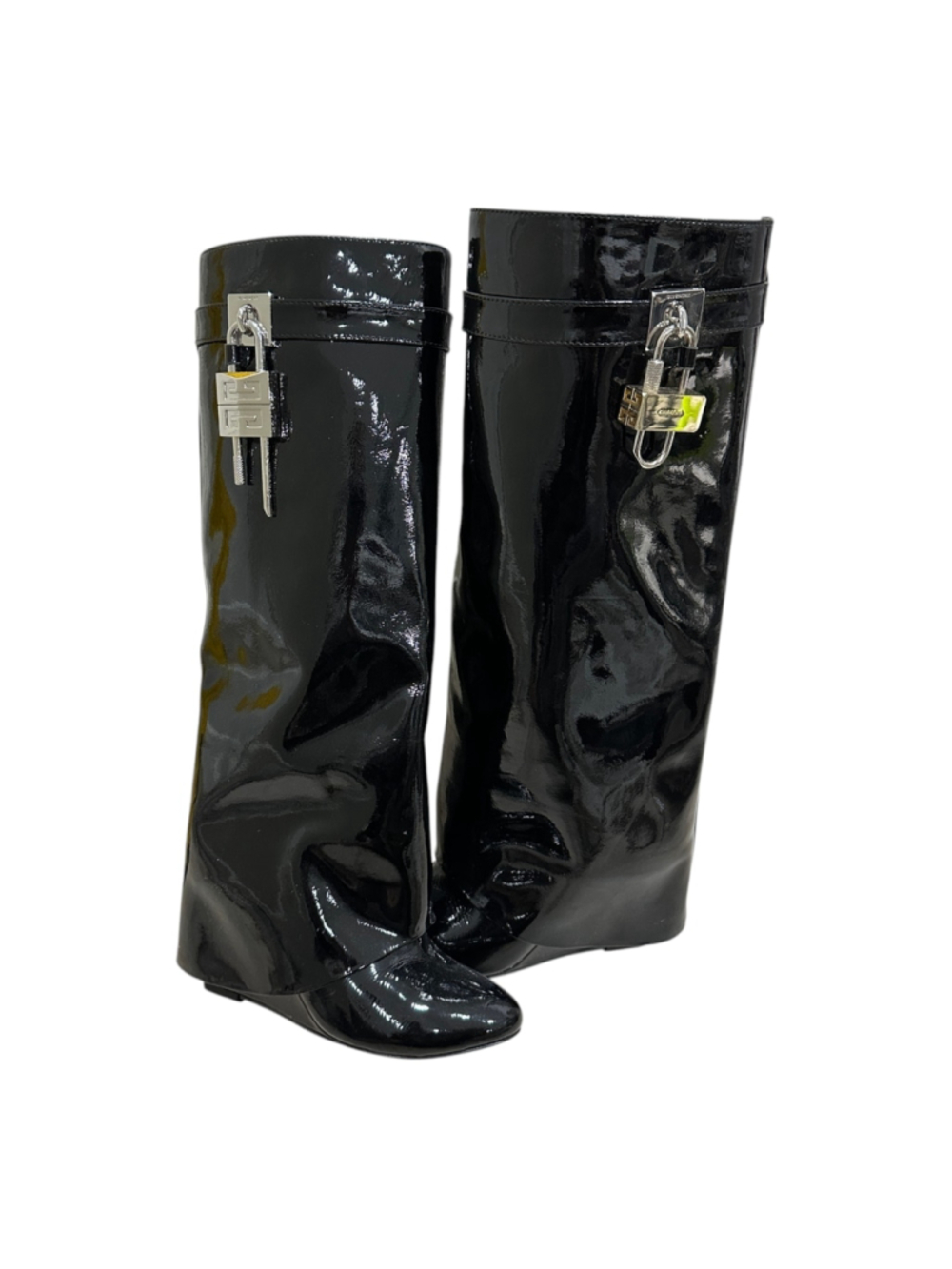 Women's Givenchy Black Patent Leather Shark Wedge Boots Size 36